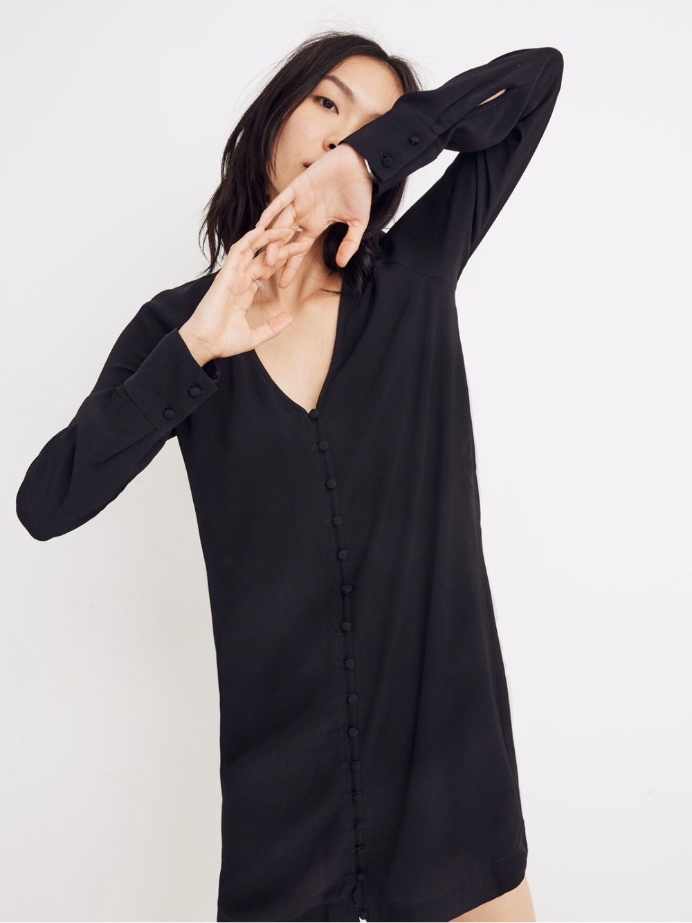 Madewell Heather Long-Sleeve Button-Front Dress M True Black Viscose K7351